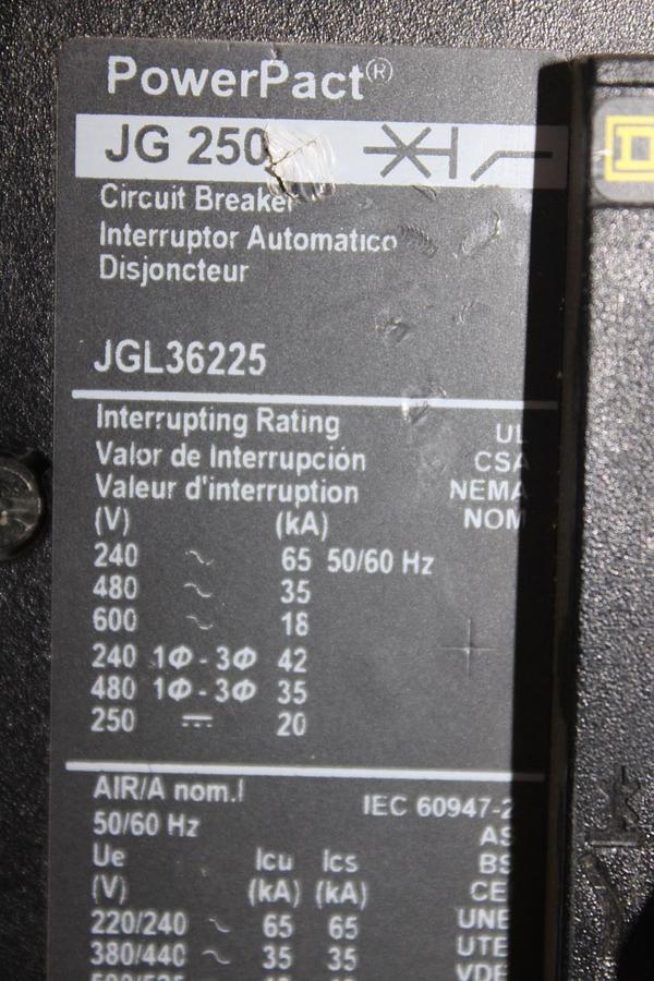 Used SQUARE D POWERPACT CIRCUIT BREAKER JGL36225 225 AMP 3-POLE 600 VAC