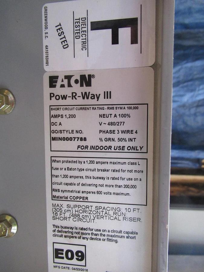 Used 1200 AMP EATON CUTLER HAMMER POW-R-WAY III BUSWAY BUSDUCT CORNER 480 277 4 WIRE