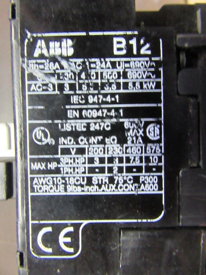 Used ABB CONTACTOR B12-30-10 600 VOLT 21 AMP 10 HP 3-PHASE 3-POLE COIL: 110/120 VOLT