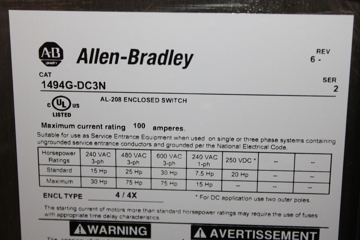 NEW ALLEN BRADLEY STAINLESS STEEL 4X ENCLOSURE 1494G-DC3N 100 AMP DISCONNECT
