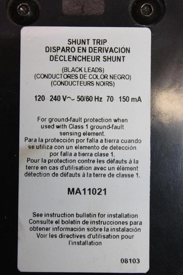 Used SQUARE D CIRCUIT BREAKER MHL368006139 800 AMP 3-POLE 600 VAC W/ SHUNT TRIP