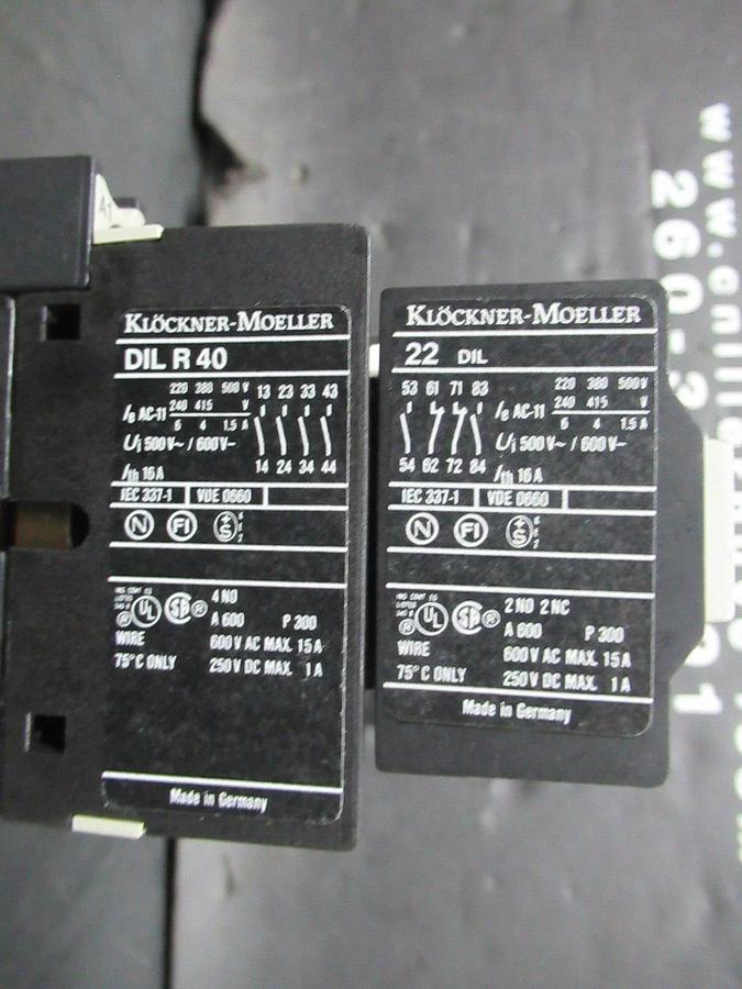 Used KLOCKNER-MOELLER CONTACTOR DIL-R-40 W/ 22-DIL 600 VAC 15 AMP COIL: 110/120 VOLT