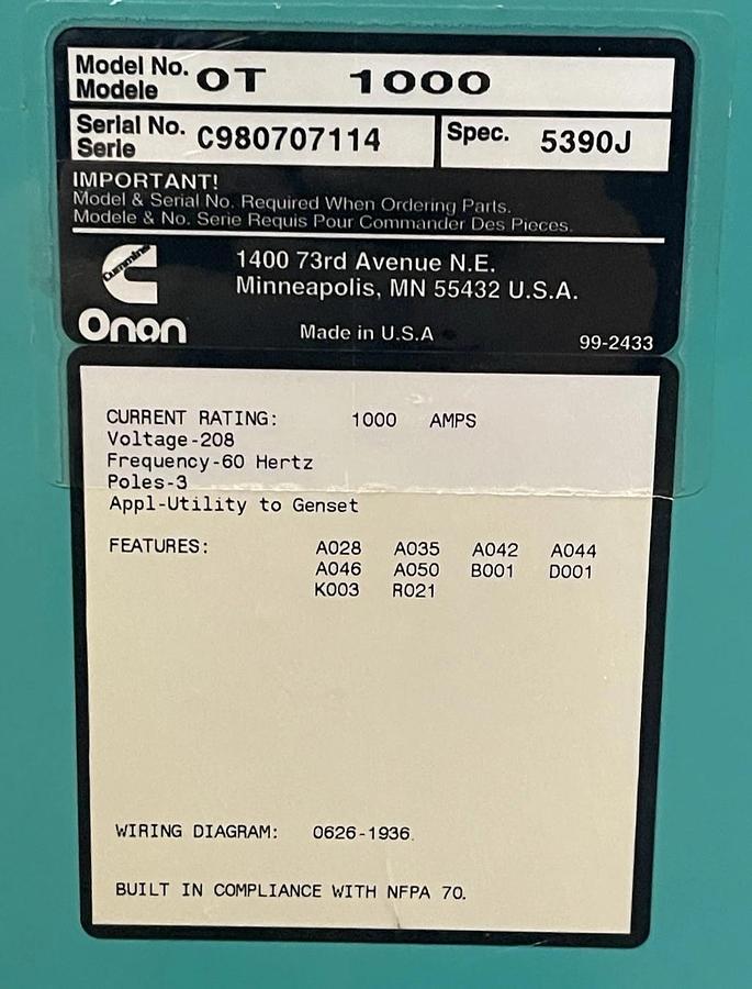 Used ONAN CUMMINS TRANSFER SWITCH OT-1000 1000 AMP 208 VAC 3-POLE W/ 0306-3456-12