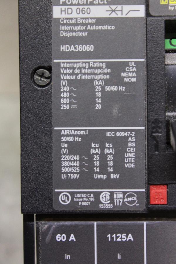 Used SQUARE D I-LINE CIRCUIT BREAKER FA34060 60 AMP 600 VAC 3-POLE