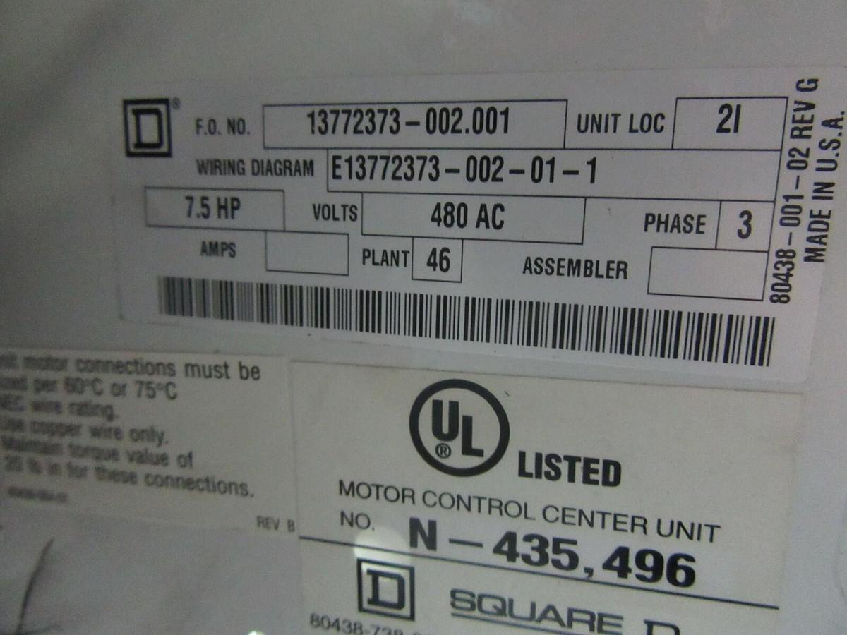 Used SQUARE D MODEL 6 MCC BUCKET NEMA SIZE 1 15 AMP 12" FA100-3MC6 W/ 8536SCO3S