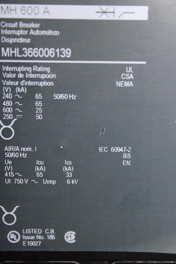 Used SQUARE D CIRCUIT BREAKER MHL366006139 3-POLE 600 VAC 600 AMP *WARRANTY*