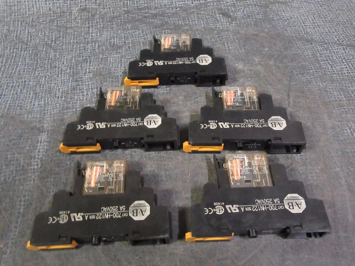 Used (5) ALLEN BRADLEY RELAY SOCKETS # 700-HN122 SER A & 24 VDC RELAY # 700-HK32Z24-4