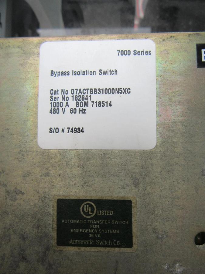 Used 1000 AMP ASCO AUTOMATIC TRANSFER SWITCH 7000 SERIES 480 V ATS BYPASS ISOLTION