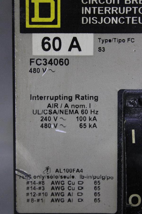 Used SQUARE D I-LINE CIRCUIT BREAKER FC34060 60 AMP 480 VAC 3-POLE