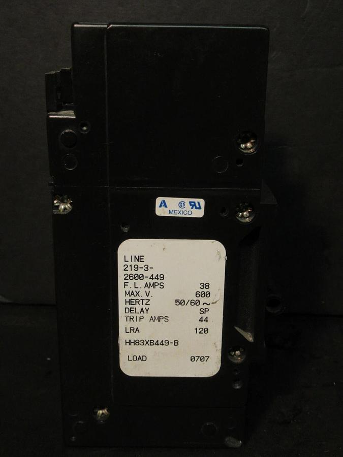 Used AIRPAX 3 POLE 38 AMP BREAKER 600 VAC 219-3-2600-449 44 TRIP AMPS HH83XB449-B