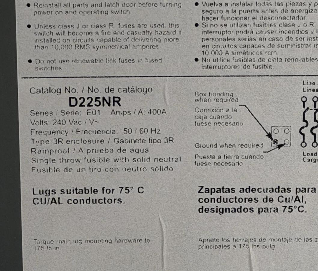Used SQUARE D NEMA 3R GENERAL DUTY DISCONNECT D225NR 400 AMP 240 VAC 2-POLE