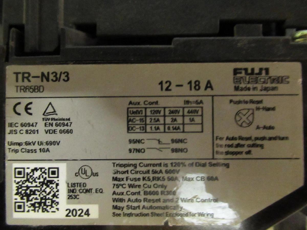 Used FUJI ELECTRIC THERMAL OVERLOAD RELAY TR-N3/3 600V 3POLE 18A **WARRANTY**