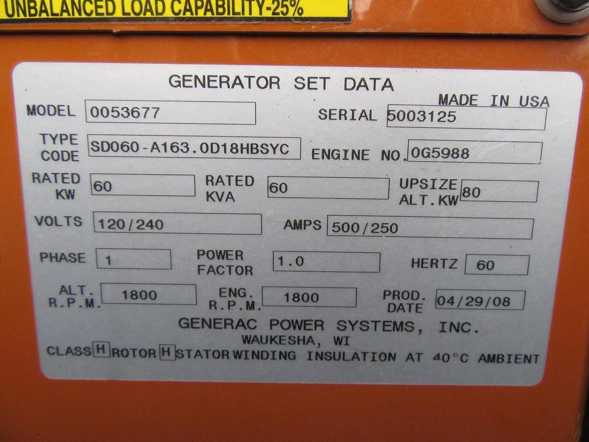 Used 60 KW DIESEL GENERATOR GENERAC 120/240 VOLT ONLY 500 HRS SOUND ENCLOSED VIDEO