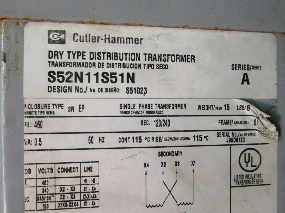Used 0.5 KVA (1/2) CUTLER HAMMER NEMA 3R TRANSFORMER S52N11S51N 460 VAC 120 / 240 V