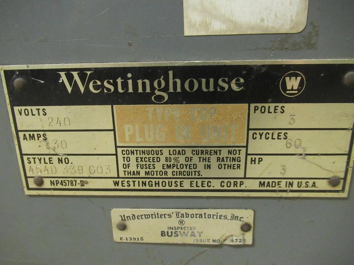 Used WESTINGHOUSE COP 30 AMP 240V FUSIBLE BUSS BUS PLUG STYLE 454D339G03 TAP