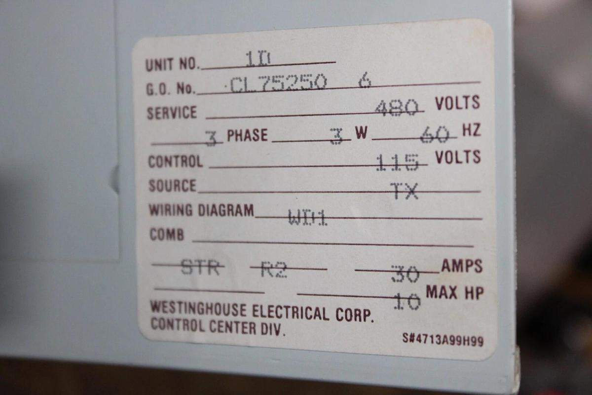 Used WESTINGHOUSE MCC MOTOR CONTROL BUCKET FREEDOM 2100 12" SIZE 1 CL75250