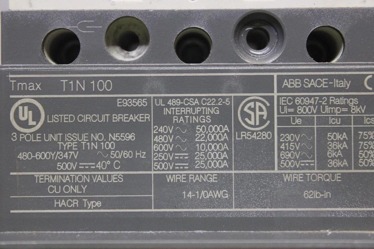 Used ABB CIRCUIT BREAKER T1N100 TMAX 80 AMP 600 VAC 3-POLE **WARRANTY INCLUDED**