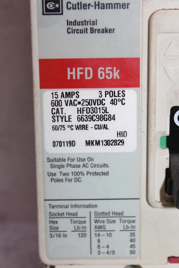 Used CUTLER-HAMMER CIRCUIT BREAKER HFD3015L 15 AMP 600 VAC 3-POLE