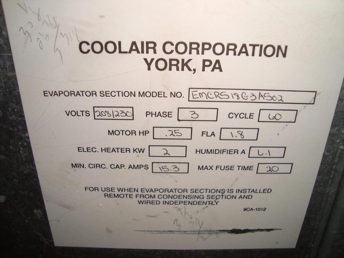 Used 1.5 TON YORK AIR CONDITIONING SYSTEM MCRS18G3AS02 EMCRS18G3AS02 EVAP AND COND