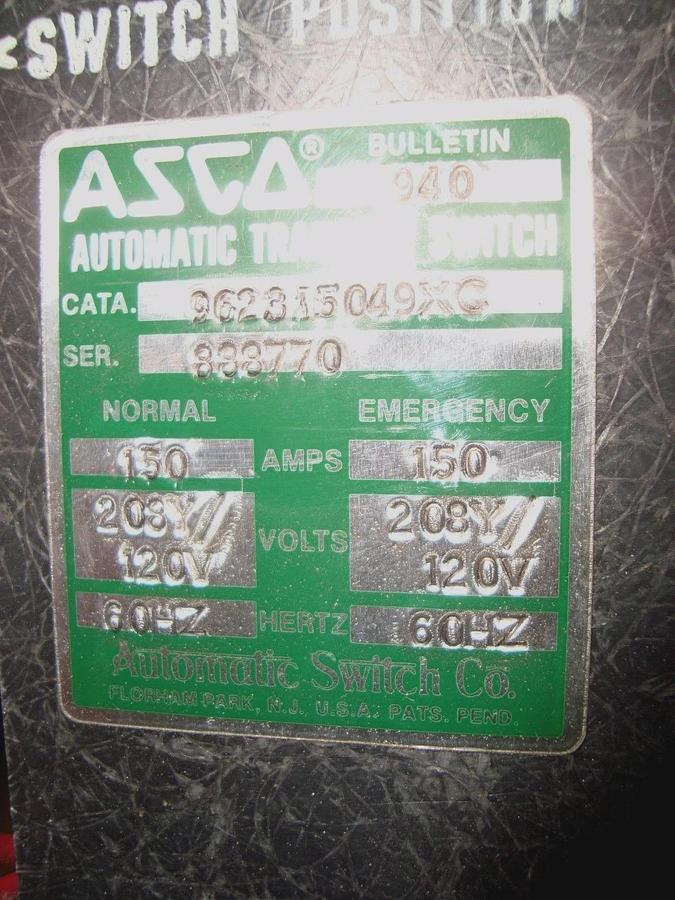 Used ASCO 150 AMP AUTOMATIC TRANSFER SWITCH 208 Y / 120 VAC 3 PHASE BULLETIN 940