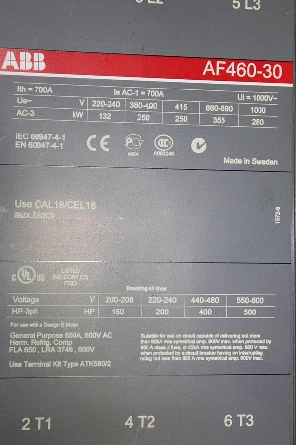 Used ABB CONTACTOR AF460-30 3-POLE 600 VAC 500 HP 700 AMP COIL: 24/60 VOLT