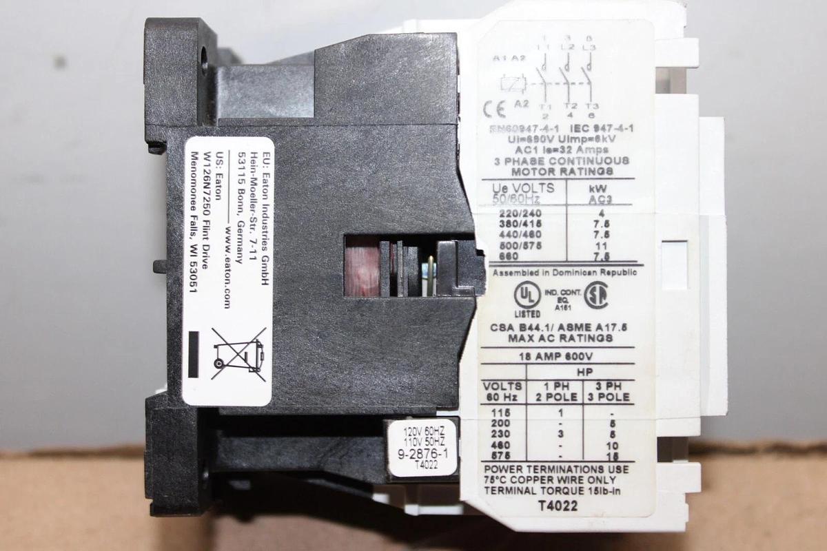 Used EATON CONTACTOR CE15DN3 18 AMP 600 VOLT 15 HP 3-POLE 3-PHASE COIL: 110/120V