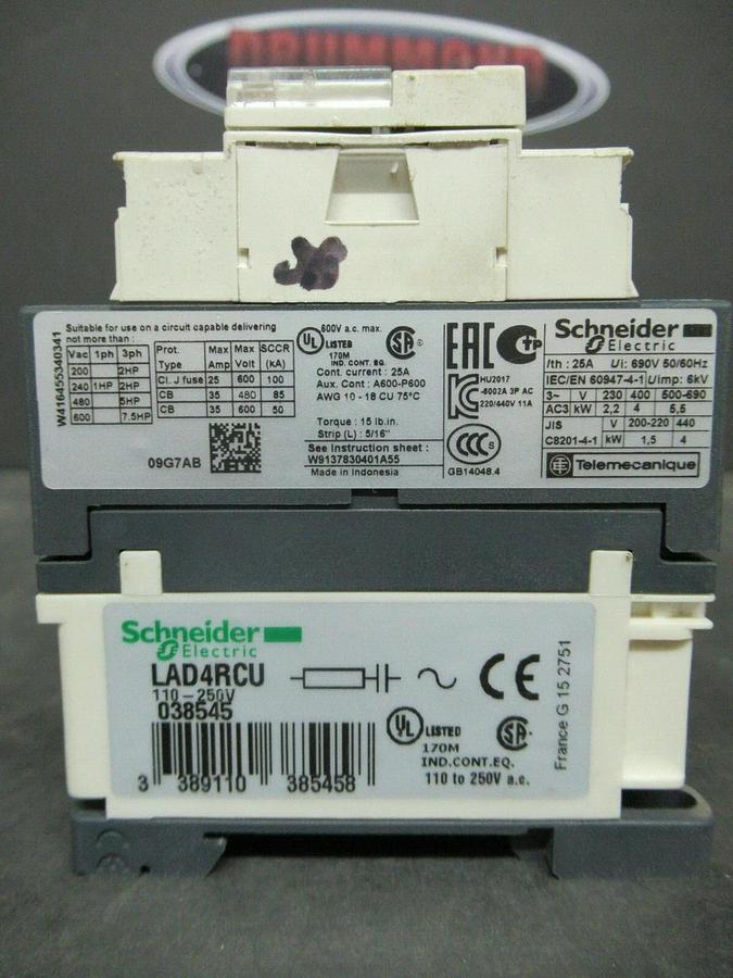 Used SCHNEIDER CONTACTOR LC1D09 25 AMP 600 VAC 3 POLE 7.5 HP COIL: G7 120 VAC
