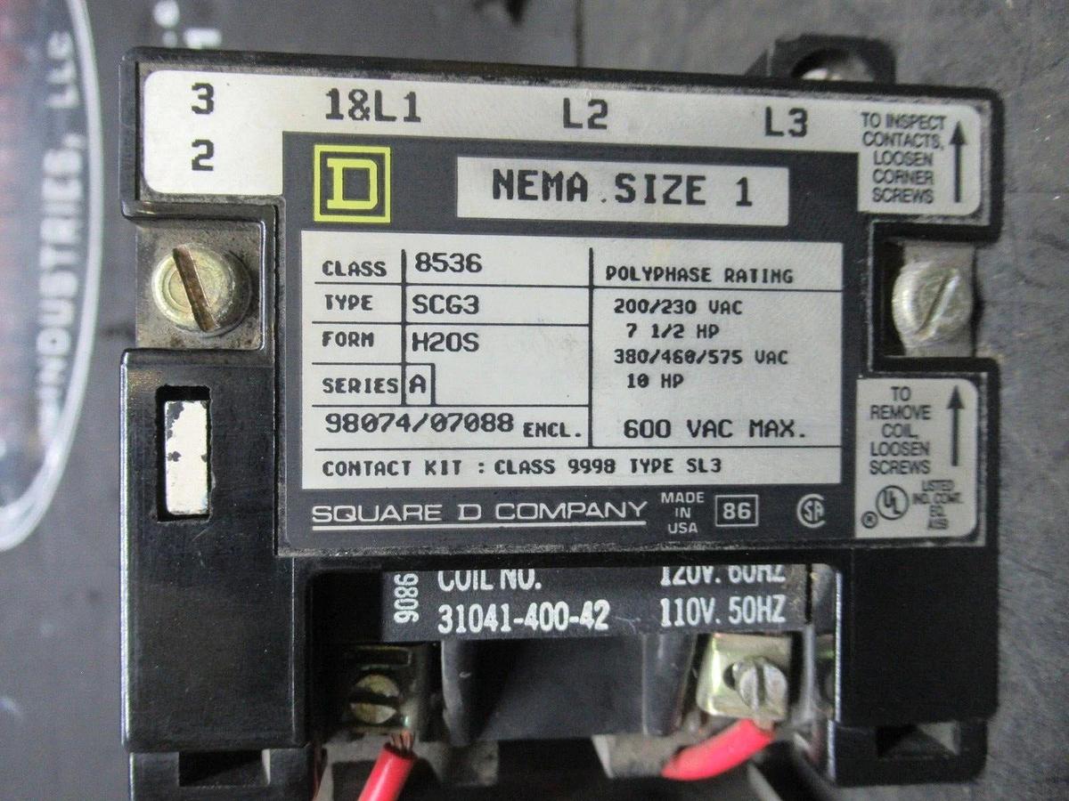 Used SQUARE D NEMA 1 STARTER 8536SCG3 W/ 9065SS120 OVERLOAD RELAY 600 VAC 10 HP