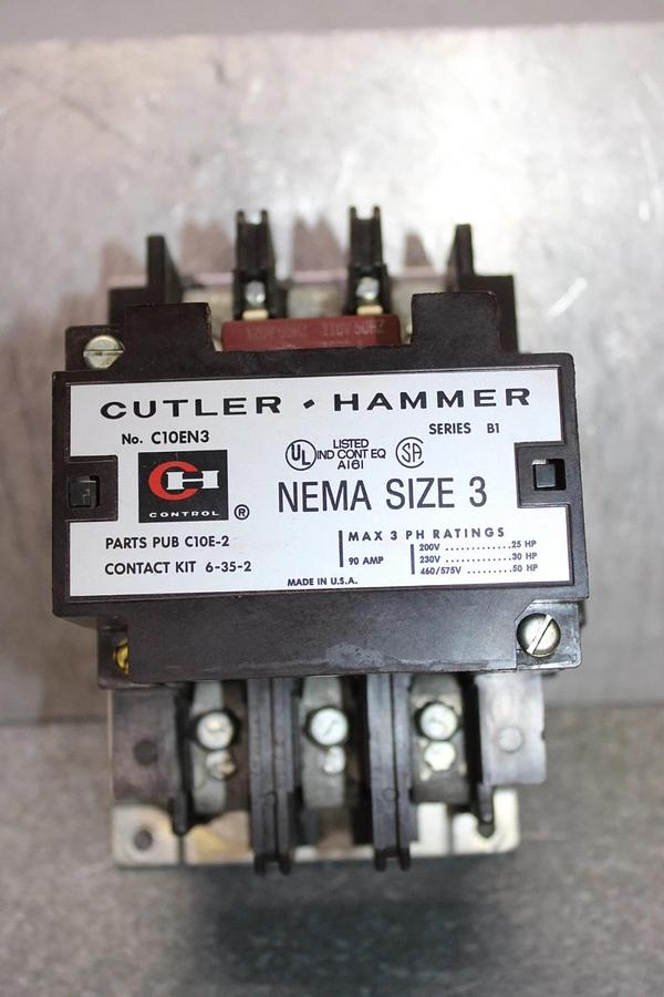 Used CUTLER-HAMMER CONTACTOR C10EN3 NEMA SIZE 3 90 AMP 600 VAC 3-POLE COIL: 120 V