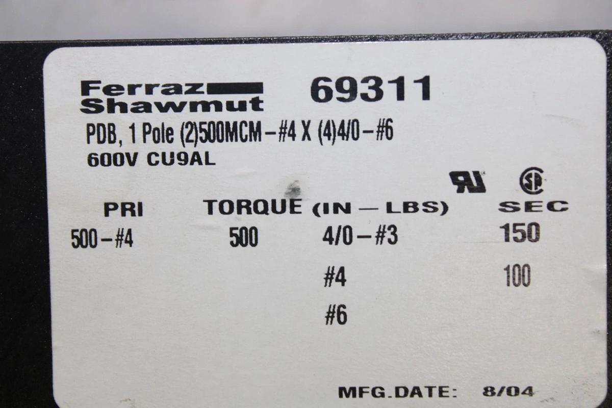 Used FERRAZ SHAWMUT TERMINAL POWER DISTRIBUTION BLOCK 69311 1-POLE 600 VOLT