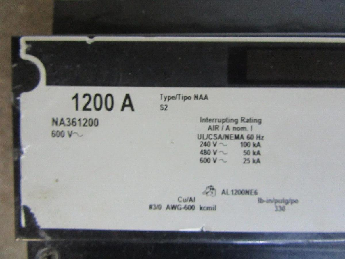 Used 1200 AMP SQUARE D I LINE CIRCUIT BREAKER NA361200 WITH ADJUSTABLE TRIPSET