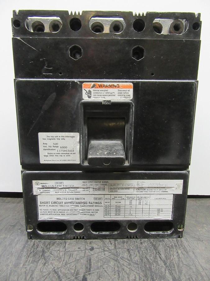 Used WESTINGHOUSE 3-POLE MOLDED CASE SWITCH LC3600WK 600 AMP TRIP 600 VAC