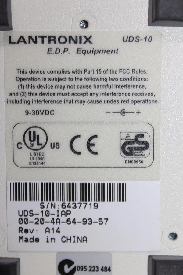 Used LANTRONIX SINGLE PORT SERVER TERMINAL MODEM UDS-10-IAP REV. A14 9-30 VDC