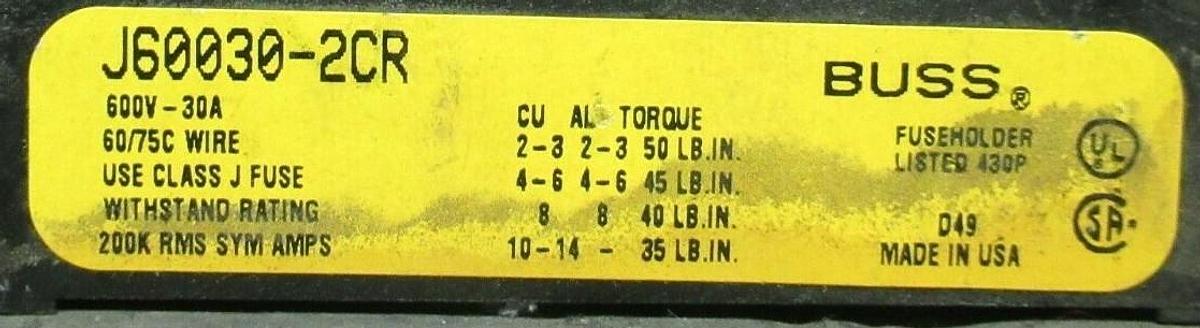 Used BUSSMANN FUSE HOLDER J60030-2CR FOR 30 AMP 600 V FUSES **WARRANTY**