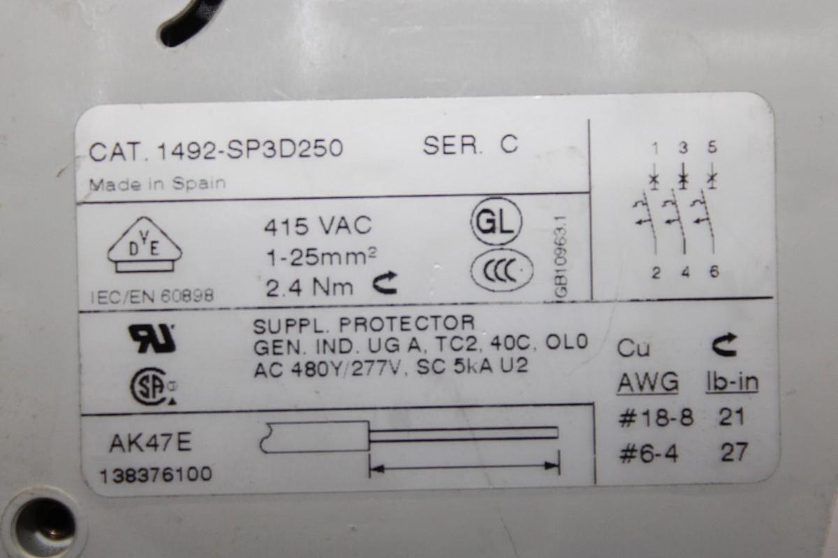 Used ALLEN-BRADLEY CIRCUIT BREAKER 1492-SP3D250 25 AMP 480/277 VAC 3-POLE *WARRANTY*
