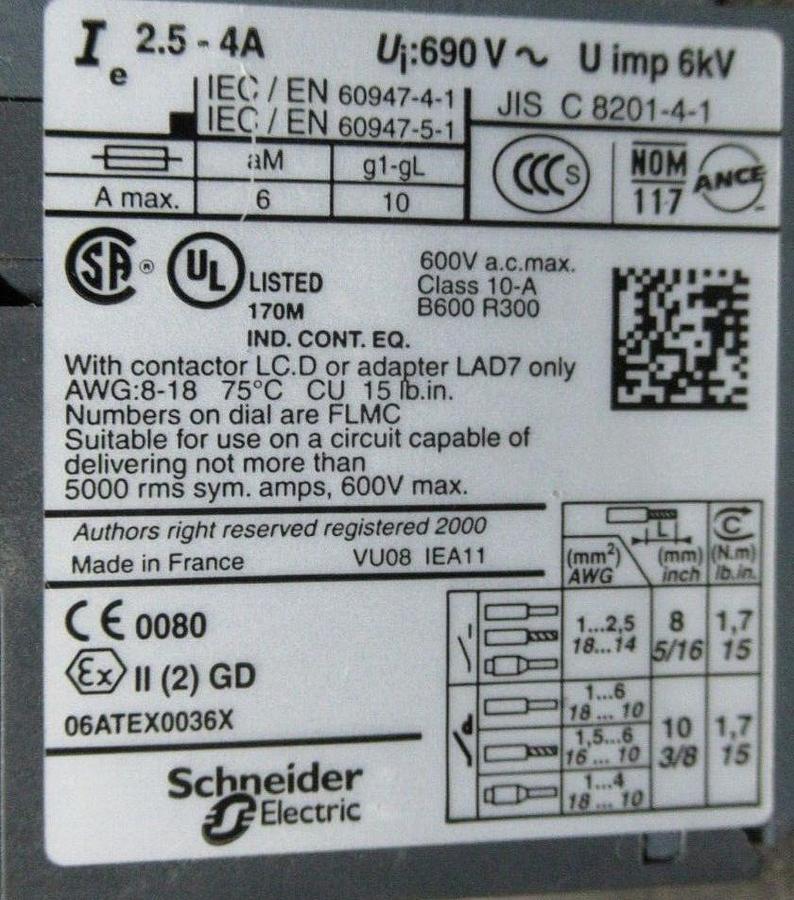 Used TELEMECANIQUE THERMAL OVERLOAD RELAY LRD-08 600 VAC 2.5-4 AMP **WARRANTY**