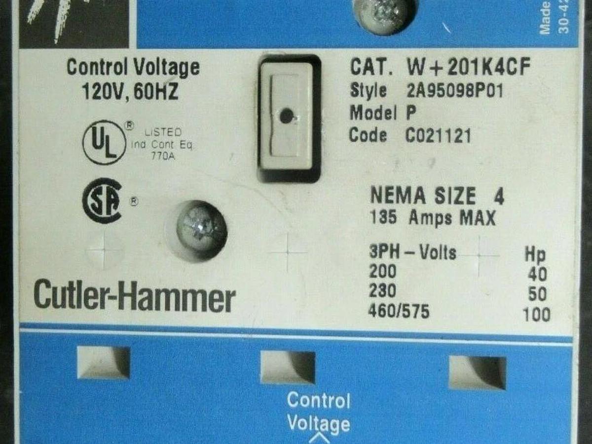 Used 135 AMP CUTLER HAMMER CONTACTOR W+201K4CF 2A95098P01 NEMA 4 600 VAC