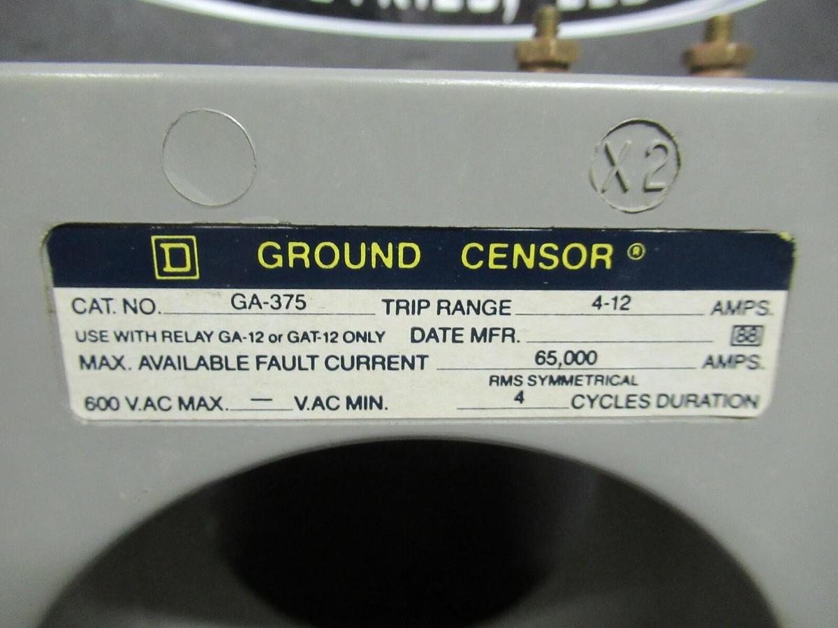 Used SQUARE D GA-375 GROUND SENSOR CENSOR CT 4 - 12 AMPS TRIP  600 VAC 4 CY DURATION