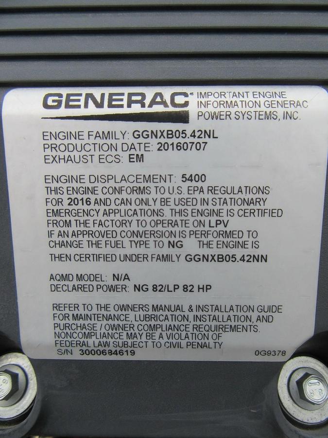 Used 35 KW GENERATOR GENERAC NATURAL GAS LP PROPANE 120/240 VOLT 1 PH 30 KW 40KW 2016