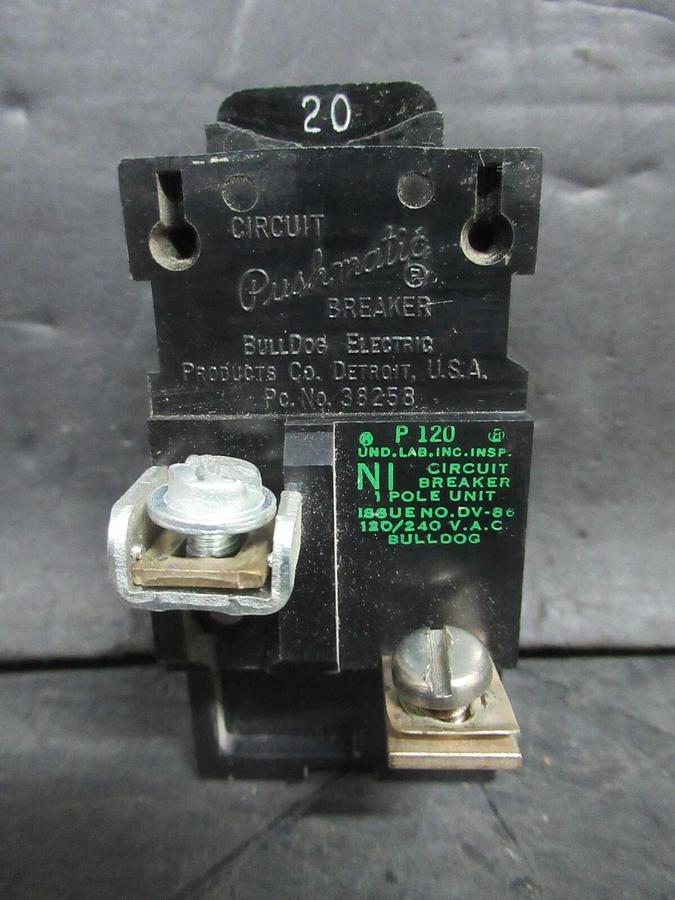 Used BULLDOG ELECTRIC / PUSHMATIC HACR BREAKER P-120 38258 20 AMP 240 VAC 1-POLE