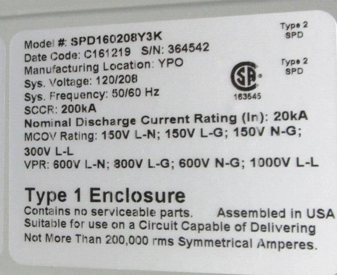 NEW SURPLUS EATON SURGE PROTECTIVE DEVICE SPD160208Y3K TYPE 1 ENCLOSURE