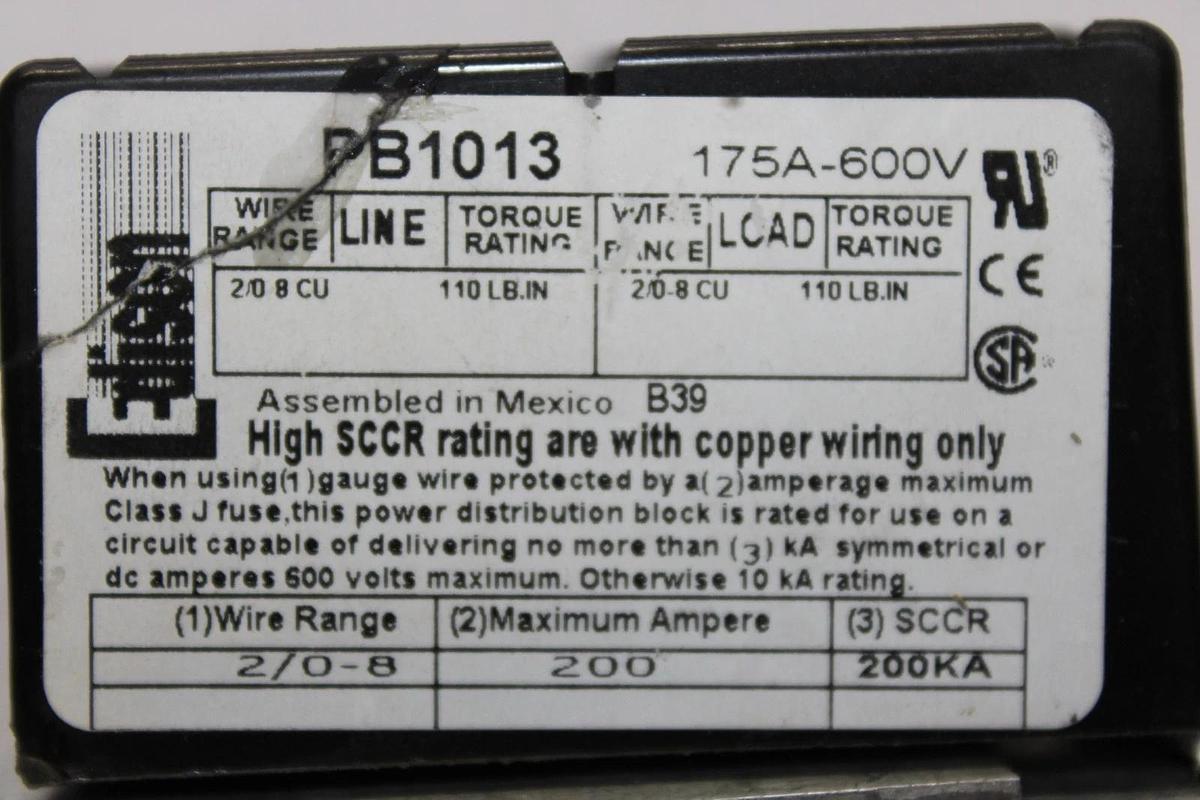 Used EDISON WIRE TERMINAL BLOCK PB1013 200 AMP 600 VOLT 3-POLE **WARRANTY**