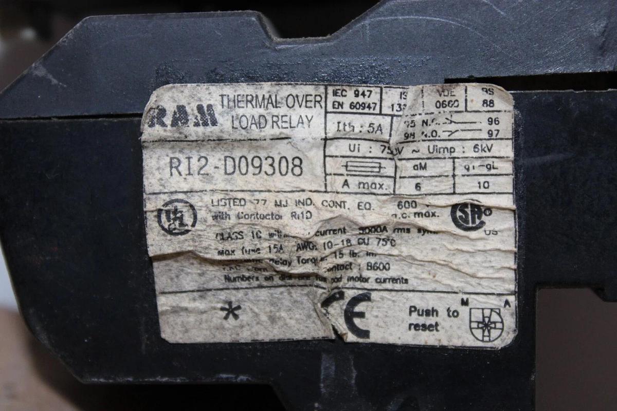 Used RAM STARTER RI1D0910 20 AMP 600 VAC 7.5 HP W/ RI2-D09308 OVERLOAD