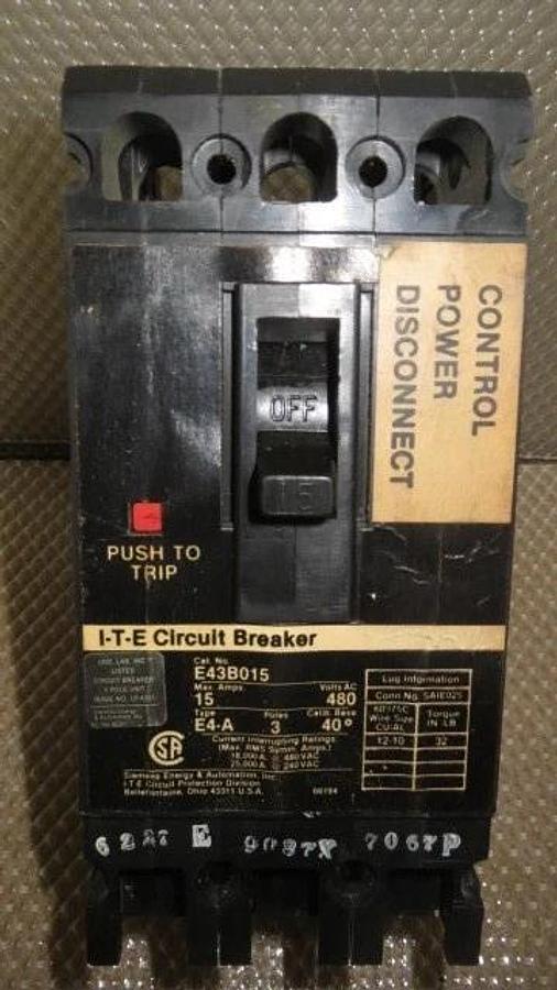 Used ITE SIEMENS BREAKER 15 AMP 480 VAC 3 POLE MODEL E43B015 **WARRANTY INCLUDED**