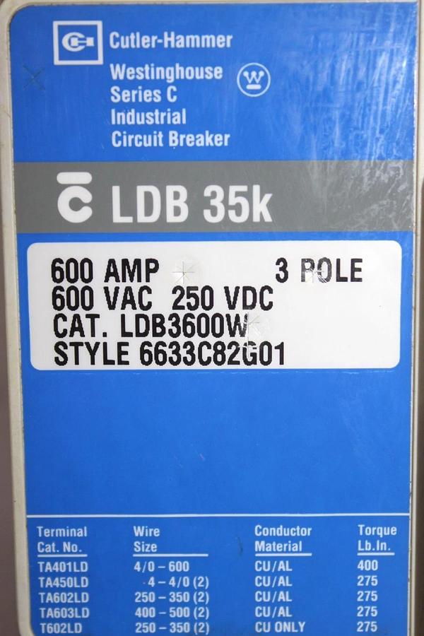 Used CUTLER-HAMMER CIRCUIT BREAKER LDB3600W 600 AMP 600 VAC 3-POLE LDB-35K
