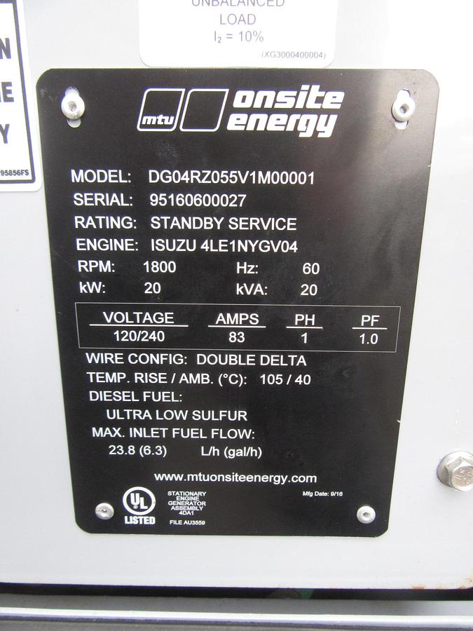 Used 20 KW DIESEL GENERATOR MTU 120/240 V 4LE1 ISUZU SOUND ENCLOSED 184 HRS  VIDEO