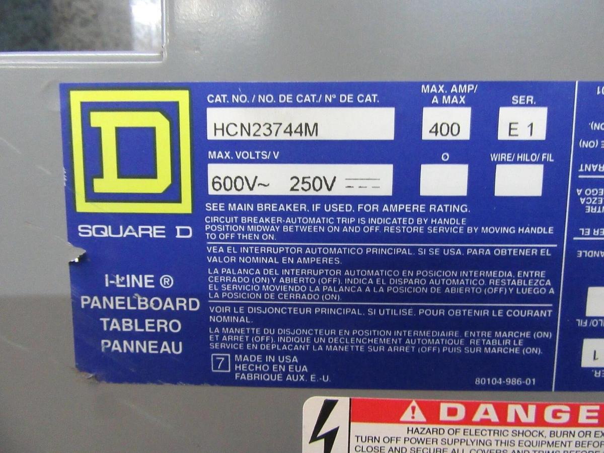 Used 400 AMP SQUARE D I-LINE PANELBOARD PANEL W/ MAIN 3 PH 4 W 600 / 480 VAC E1