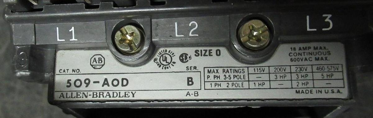 Used ALLEN-BRADLEY STARTER 509-A0D NEMA 0 600V 18A 5HP W/ 42185-800-01 OVERLOAD