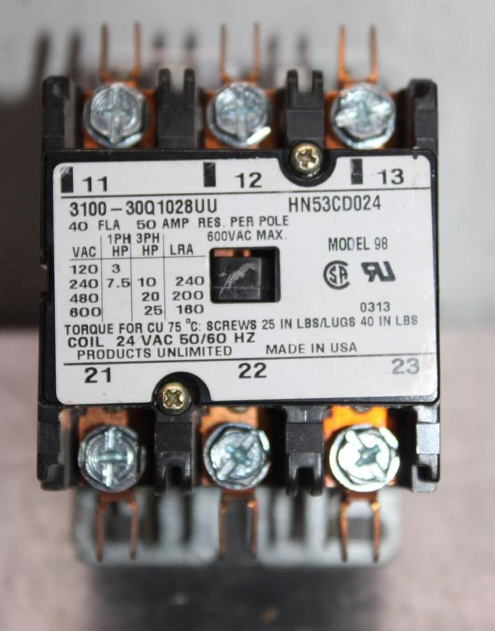 Used PRODUCTS UNLIMITED CONTACTOR 3100-30Q1028UU 40 AMP 600 VAC HN53CD024