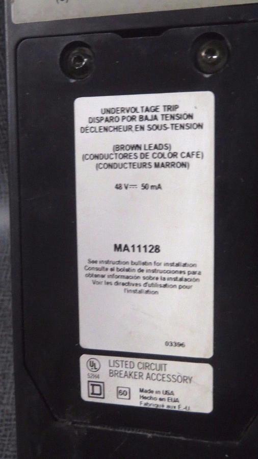 Used SQUARE D CIRCUIT BREAKER 450 AMP 600 V WITH UNDERVOLTAGE TRIP # MHL3645025DC1679